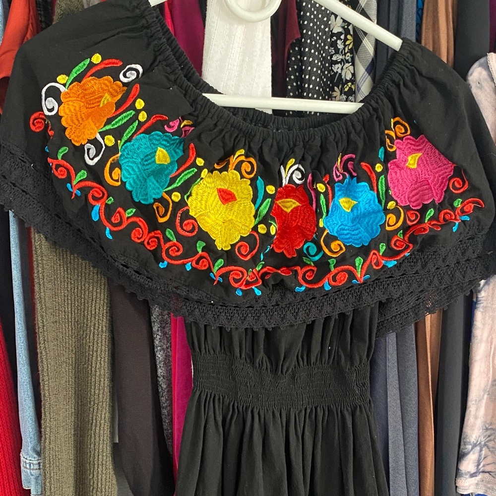 Mexican Black Off-Shoulder Dress with Colorful Floral Embroidery
